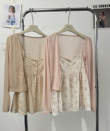 세트 둘 착용 부드러운 신선함 작은 꽃무늬 슬립 자외선 차단 오픈 가디건 두 조각 여성 세트 여름 달콤함 스택 착용 외부 잡아라. 의류