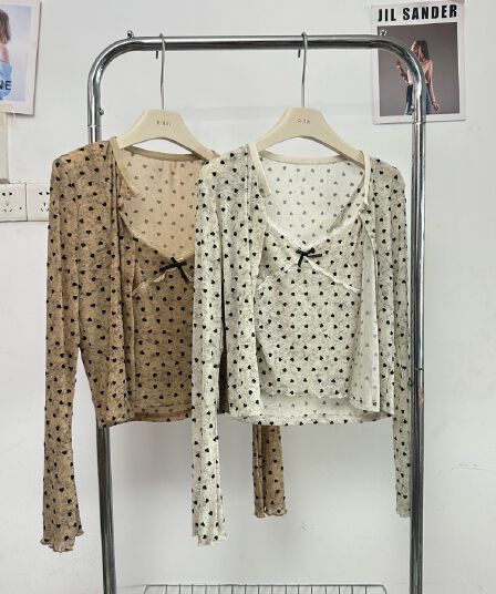 순수한 욕망 바람 홀치기 염색 프린트 식물 플러시 레이스 슬립 반팔 자외선 차단 오픈 가디건 투피스 세트