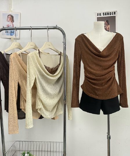 한 부서 분위기 센스 흔들다 칼라 잡색 긴팔 티셔츠 여성 얇은 레이스 주름 허리 수축 슬림해 보이는 부드러운 블라우스 맨위