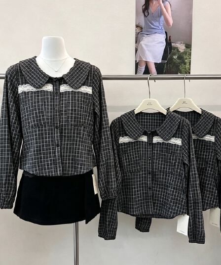 레트로 항구 바람 체크무늬 레이스 조각 긴팔 여성 셔츠 가을 연령 감소 패션 루즈핏 작은 대중 디자인 센스 맨위