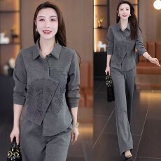 批发【新氧棉面料】2026<b class='q'>春</b>秋新款洋气质减龄显瘦刺绣衬衫阔腿裤两件套