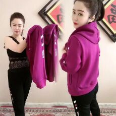 批发新款简约百搭<b class='q'>时尚</b>休闲运动印花拉链连帽开衫中老年妈妈团队套装