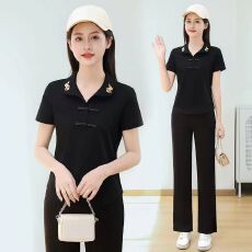 批发运动<b class='q'>休闲</b><b class='q'>套装</b>女夏季2026新款翻领新中式国风时尚短袖直筒裤两件套