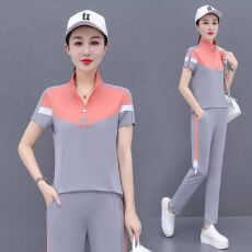 批发短袖立领运动服套装女<b class='q'>夏</b>季新款大码宽松显瘦广场舞服装长裤两件套