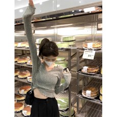 批发薄款V领长袖针织衫女内搭春秋新款木耳边短款修身正肩<b class='q'>打底衫</b>上衣