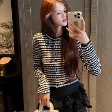 批发小香风撞色条纹圆领针织开<b class='q'>衫</b>女早秋法式气质名媛修身显瘦短款上衣