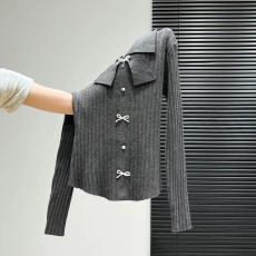 批发灰色蝴蝶结<b class='q'>娃娃领</b>长袖针织<b class='q'>T</b><b class='q'>恤</b>打底衫2026春季新款修身显瘦上衣女