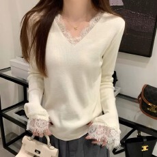 批发法式v领气质蕾丝拼接纯欲针织衫女秋冬新款长袖高级打底内搭毛衣