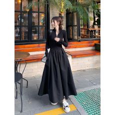 批发230克高弹条】超火法式名媛赫本风收腰显瘦长袖长款半拉链<b class='q'>连衣裙</b>