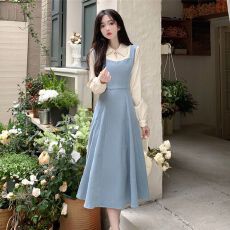 批发捻丝乱麻】韩国东大门法式<b class='q'>翻领</b>假两件撞色<b class='q'>连衣裙</b>气质高级感仙女裙