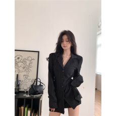 批发【雪纺四面弹】时尚条纹长袖衬衫气质修身v领衬衣收腰中长款上衣