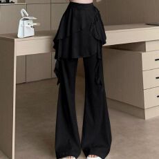 批发荷叶边假两件微喇叭裤裙女春夏新款时尚洋气高腰休闲<b class='q'>拖地</b>长裤
