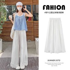 批发【仿棉砂洗细斜】蕾丝拼接阔腿裤夏薄款松紧高腰垂坠感直筒长裤