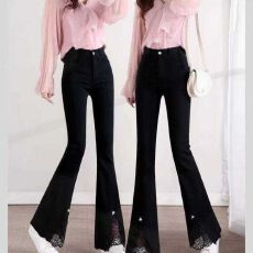 批发【捻丝】下摆蕾丝高腰喇叭裤女显瘦春秋新款微喇裤弹力<b class='q'>九分</b><b class='q'>打底裤</b>