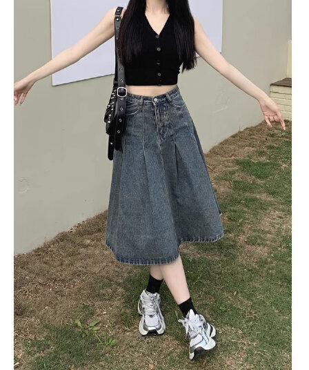 출퇴근 개성 표지 고기 데님 반신 스커트 봄 가을 새로운 하이웨이스트 슬림해 보이는 표지 넓적 다리 플리츠 한 마디 데님 우산 치마
