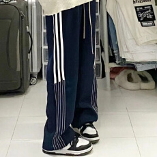 批发美式侧条纹休闲裤女春秋大码胖mm高腰显瘦垂感直筒<b class='q'>西装</b>阔腿运动裤