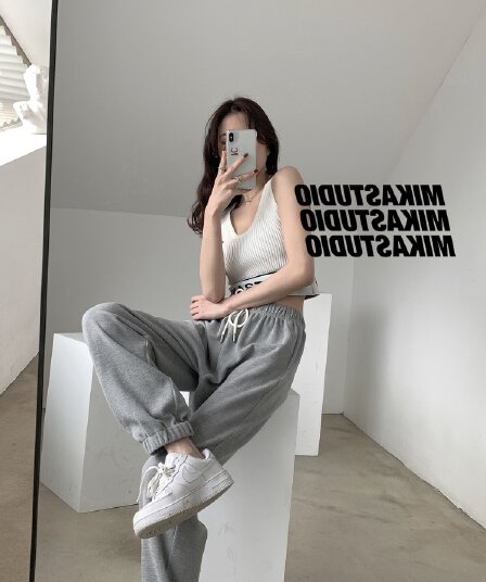 패션 슈퍼 화재 후아 남편 그리드 원단 여름 미니멀리즘 조거 운동 바지 캐주얼 넓은 다리 여성용 바지 루즈핏 슬림해 보이는 트렌디