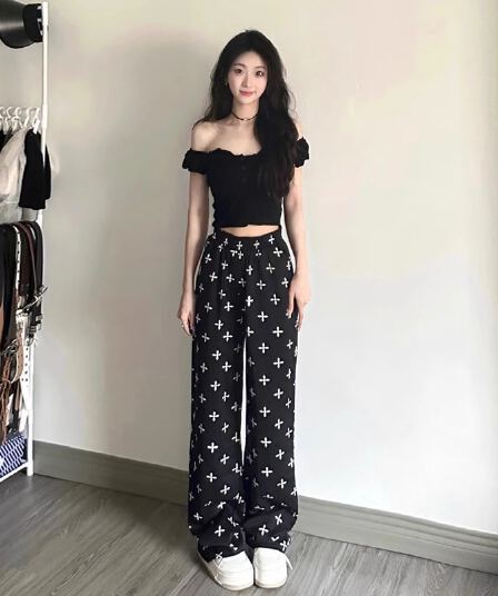 ins 바람 레트로 십자가 검정색 캐주얼 바지 여성 여름 새로운 루즈핏 와이드 레그 팬츠 하이웨이스트 스트레이트 바닥 청소 바지