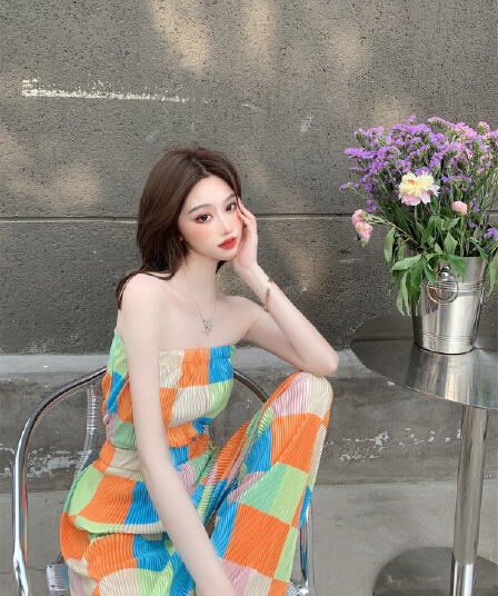 2026 패션 새로운 chic 바람 개성 체크무늬 디자인 튜브탑 순수한 욕망 캐주얼 슬림해 보이는 하이웨이스트 와이드 레그 팬츠 세트