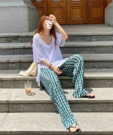 chic 얇은 스타일 체크무늬 플리츠 와이드 레깅스 바지 여름 하라주쿠 스타일 바지 루즈핏 스트레이트 도루 가을 센스 다용도 스트레이트 팬츠