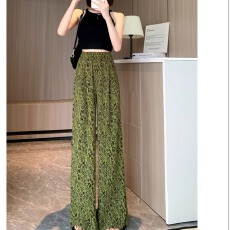 批发2026新款绿色印花冰丝<b class='q'>阔腿裤</b>女夏季薄款高腰垂感<b class='q'>雪纺</b>百褶拖地长<b class='q'>裤</b>