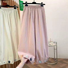 批发超火高密斜纹夏季新款勾花朵<b class='q'>甜美</b>森系花苞裤垂感阔腿休闲九分裤