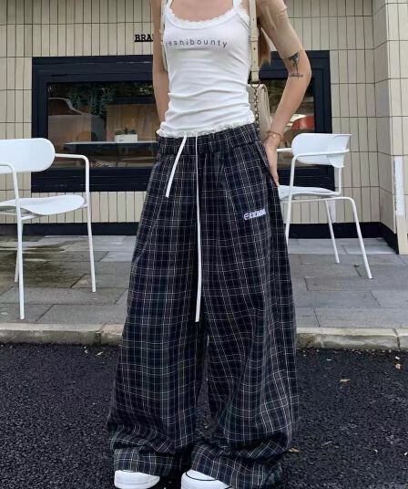 순수한 면화 그 한국 동대문 아메리칸 레트로 체크무늬 와이드 레깅스 바지 도루 센스 루즈핏 캐주얼 스트레이트 바지