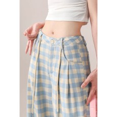 批发内包边 蓝色格子阔腿裤女夏季新款高腰宽松显瘦直筒休闲裤子潮
