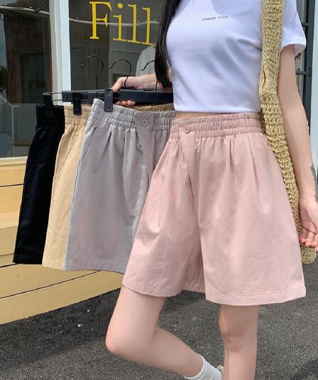 워싱 면 100% 한국 동대문 슈퍼 화재 여름 넓은 다리가 짧다. 바지 여성 밴딩 하이웨이스트 단추 한 알 캐주얼 바지