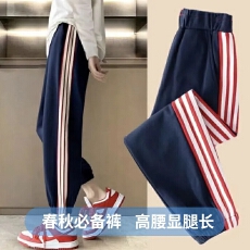 批发条纹<b class='q'>运动裤</b>女早秋薄款高腰宽松显瘦九分裤学生韩版束脚<b class='q'>哈伦</b>休闲裤