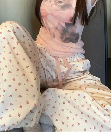핫걸 펌프 로프 꽃무늬 워크웨어 캐주얼 바지 여성 가을 얇은 스타일 하이웨이스트 루즈핏 스트레이트 도루 센스 넓은 다리 바닥 청소 바지