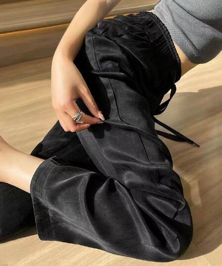 가을 새로운 도루 센스 검정색 와이드 레깅스 바지 루즈핏 편안함 얇은 스타일 바지 스트레이트 좁은 에디션 얼음 실크 바지 바지