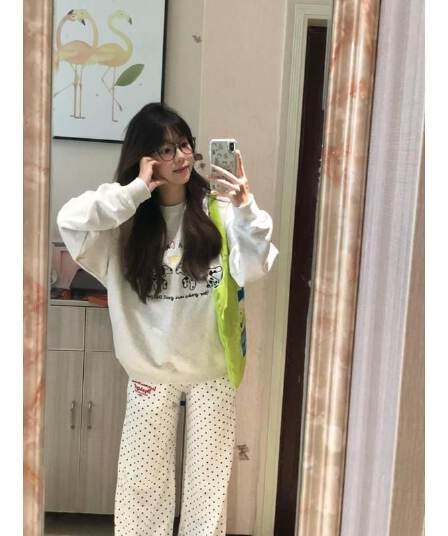 가을 개성 도트 무늬 디자인 센스 다용도 캐주얼 바지 한국 스타일 개성 학생 출퇴근 와이드 레그 팬츠 자수 프린트 섹션