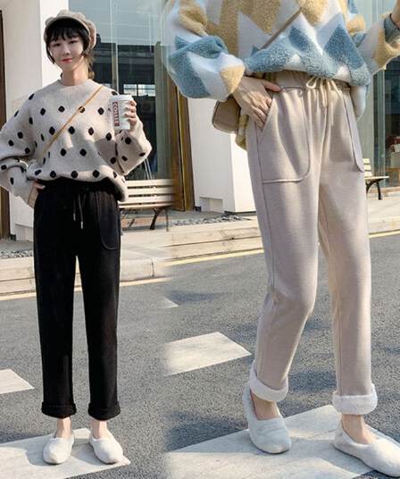 용과 봉황 뭐라구? 원단 털이 있고 두꺼운 여성 가을 겨울 학생 한국 스타일 루즈핏 편안함 9 포인트 모직 캐주얼 바지 바지