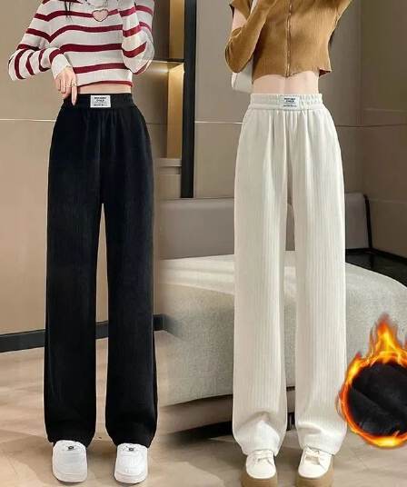 유럽 면 벨벳 털이 있고 두꺼운 가을 겨울 와이드 레깅스 바지 허리밴드 루즈핏 슬림해 보이는 도루 가을 스트레이트 캐주얼 바지 털이 있는