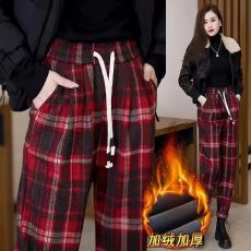 批发（复合绒）加绒格子裤女显瘦红色休闲裤子韩版宽松加厚九分<b class='q'>哈伦裤</b>