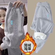 批发束脚运动裤春秋冬2026新款灰色裤子女士休闲<b class='q'>小脚</b>卫裤哈伦加绒加厚