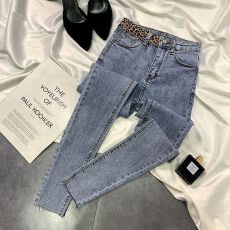 批发超火高腰弹力牛仔裤女新款豹纹小脚裤子紧身韩版显瘦百搭铅笔裤