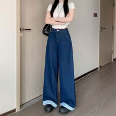 批发小个子新款直筒牛仔<b class='q'>裤</b>女<b class='q'>格子</b>拼接蝴蝶结设计梨型宽松显瘦阔腿长<b class='q'>裤</b>