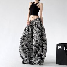 批发超火酷丝绵迷彩阔腿裤<b class='q'>女</b>秋装新款宽松高级感<b class='q'>休闲裤</b>学生独特运动裤