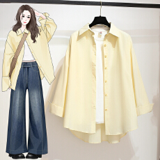 批发春装新款衬衣开衫纯色长袖翻领中长款韩版上衣宽松大码胖mm200斤