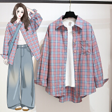 批发春装新款格子<b class='q'>衬衣</b>长袖开衫上衣大码女胖mm200斤时尚新品翻领口袋