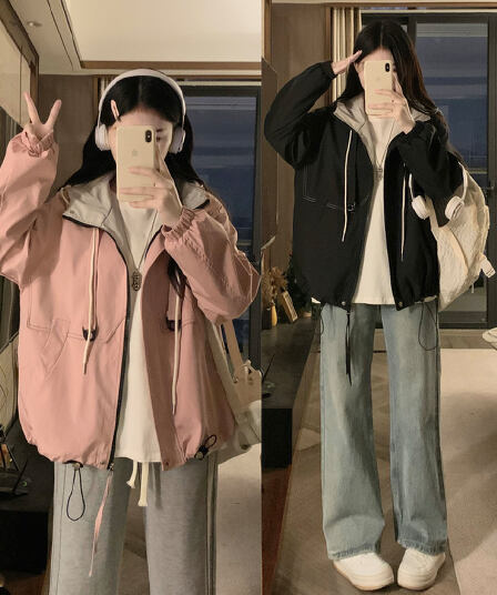자켓 방수 야외 재킷 후드 오픈 가디건 명시적 스티치 장식 맨위 루즈핏 표지 배 슬림해 보이는 봄 신제품 긴팔