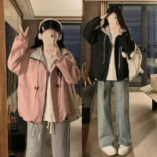 批发冲锋衣防水户外外套连帽开衫明线装饰上衣宽松遮肚<b class='q'>显瘦</b>春新品长袖