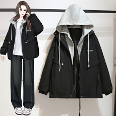 批发假两件双拉链冲锋衣防水<b class='q'>外套</b>大码女装胖mm200斤春装<b class='q'>长袖</b>开衫上衣