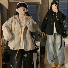 批发绣花学院风<b class='q'>外套</b>冲锋衣防水<b class='q'>大码</b>宽松显瘦撞色上衣开衫连帽春装新款