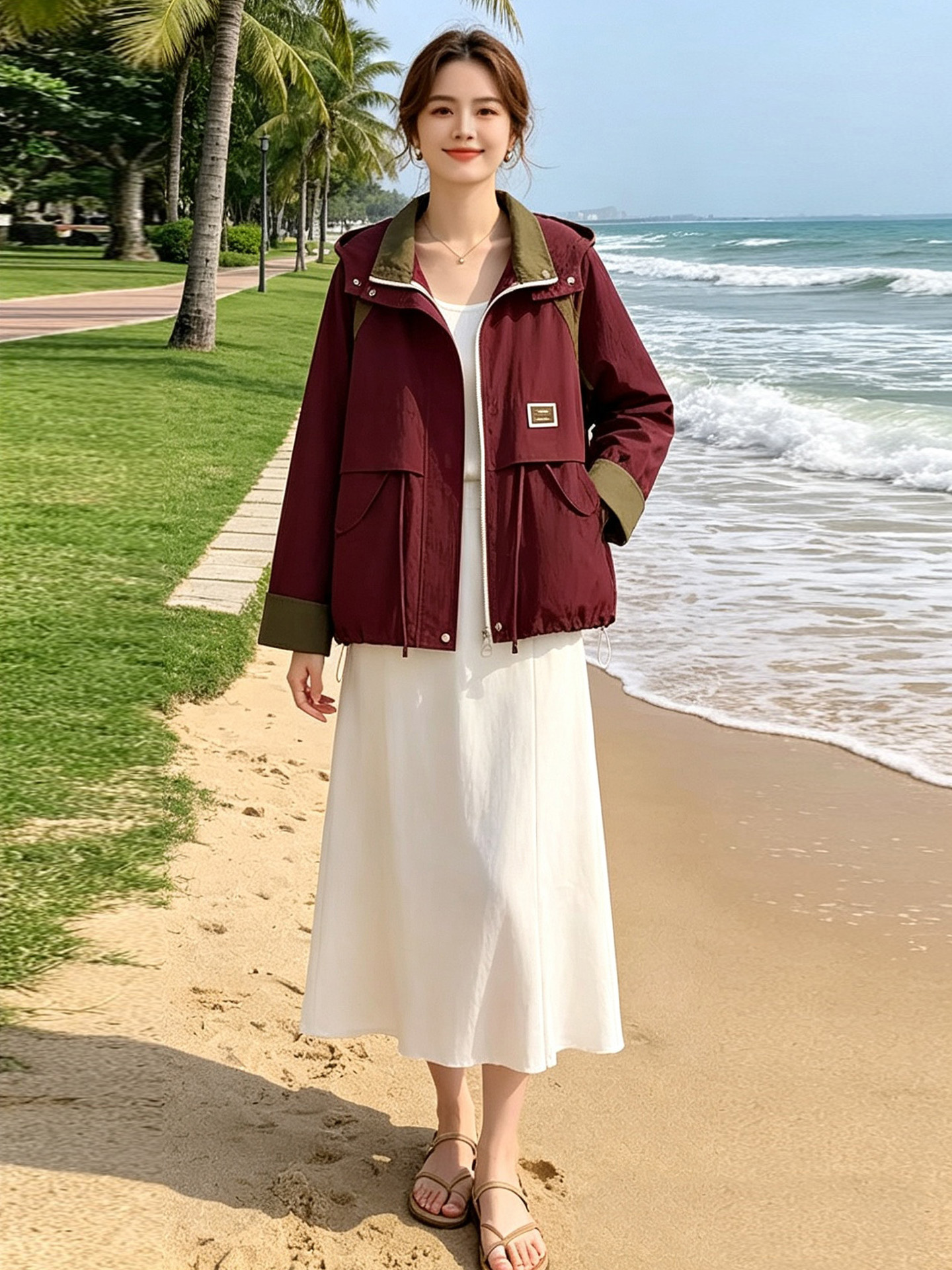 자외선 차단 의류 리본 패치워크 배색 후드 카디건 코트 길이 연장 커프스 맨위 루즈핏 슬림해 보이는 여름 드레스 자외선