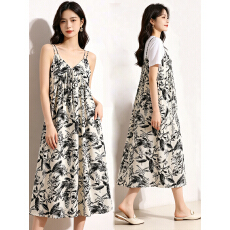 批发夏装长袖<b class='q'>新款</b>两件套套装过膝长款雪纺连衣裙碎花裙吊带裙时尚显瘦