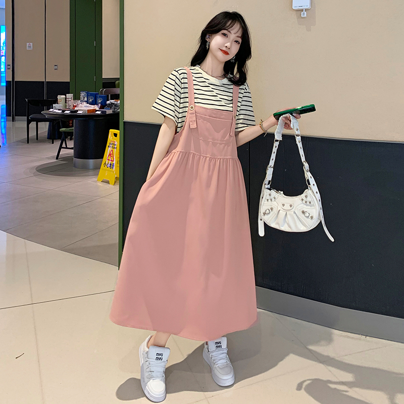 학원 스타일 달콤함 여름 새로운 투피스 드레스 롱 스커트 몸매 가꾸기 미니멀리즘 단색 치마 스트라이프 티셔츠 한국 스타일