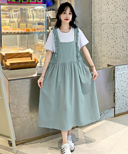 여름 새로운 세트 드레스 티셔츠 패션 멜빵 스커트 레이스 무릎 아래 롱 스커트 슬림해 보이는 학원 스타일 여름 반팔